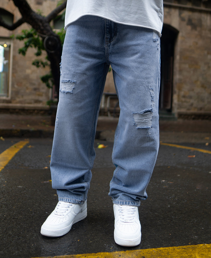 Mid Blue Baggy Ripped Jeans