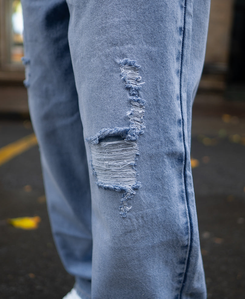 Mid Blue Baggy Ripped Jeans