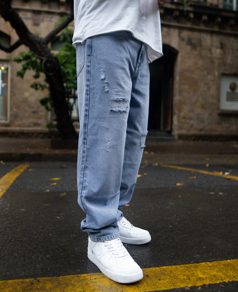 Mid Blue Baggy Ripped Jeans
