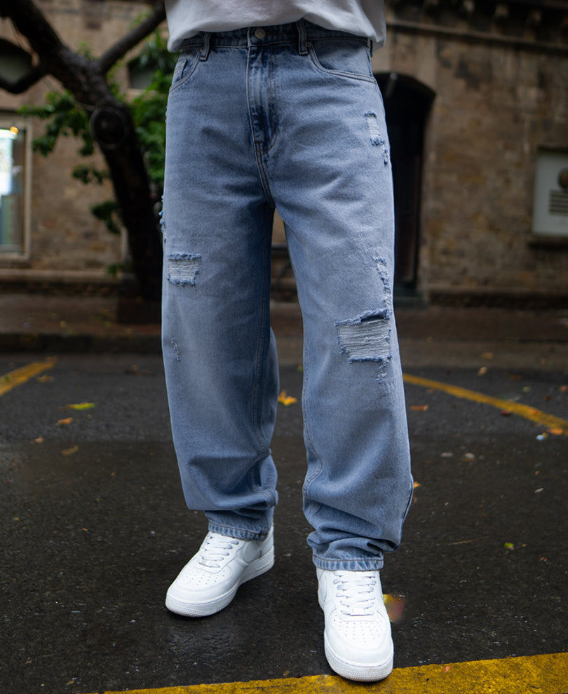 Mid Blue Baggy Ripped Jeans