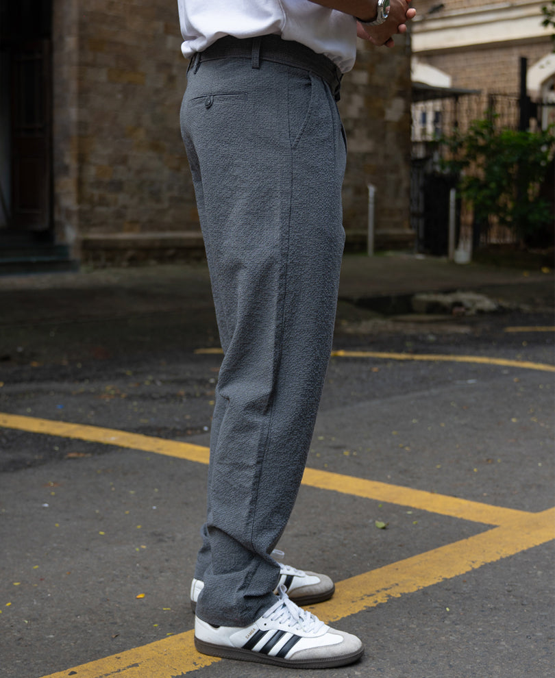 Grey Structured Pleated Trouser