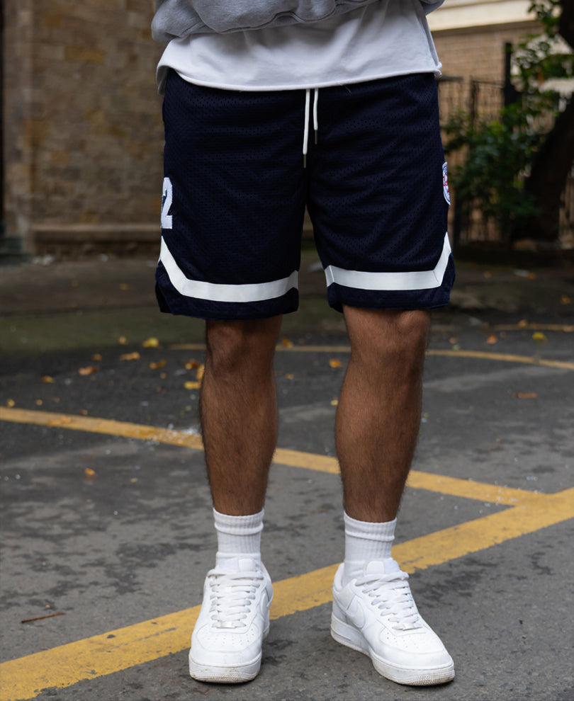 Navy Embroidered Mesh Short