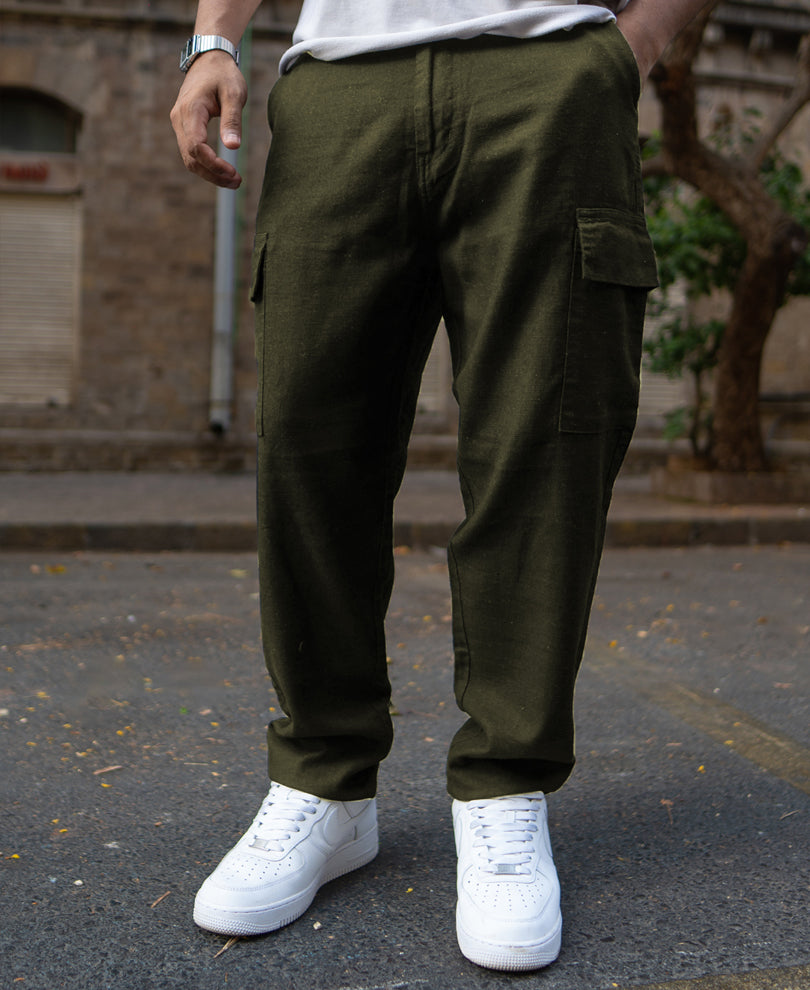 Olive Structured Cotton Trouser
