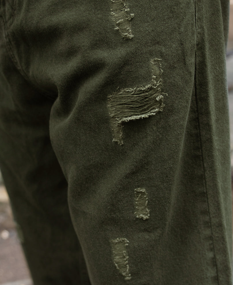 Olive Distress Baggy Jeans