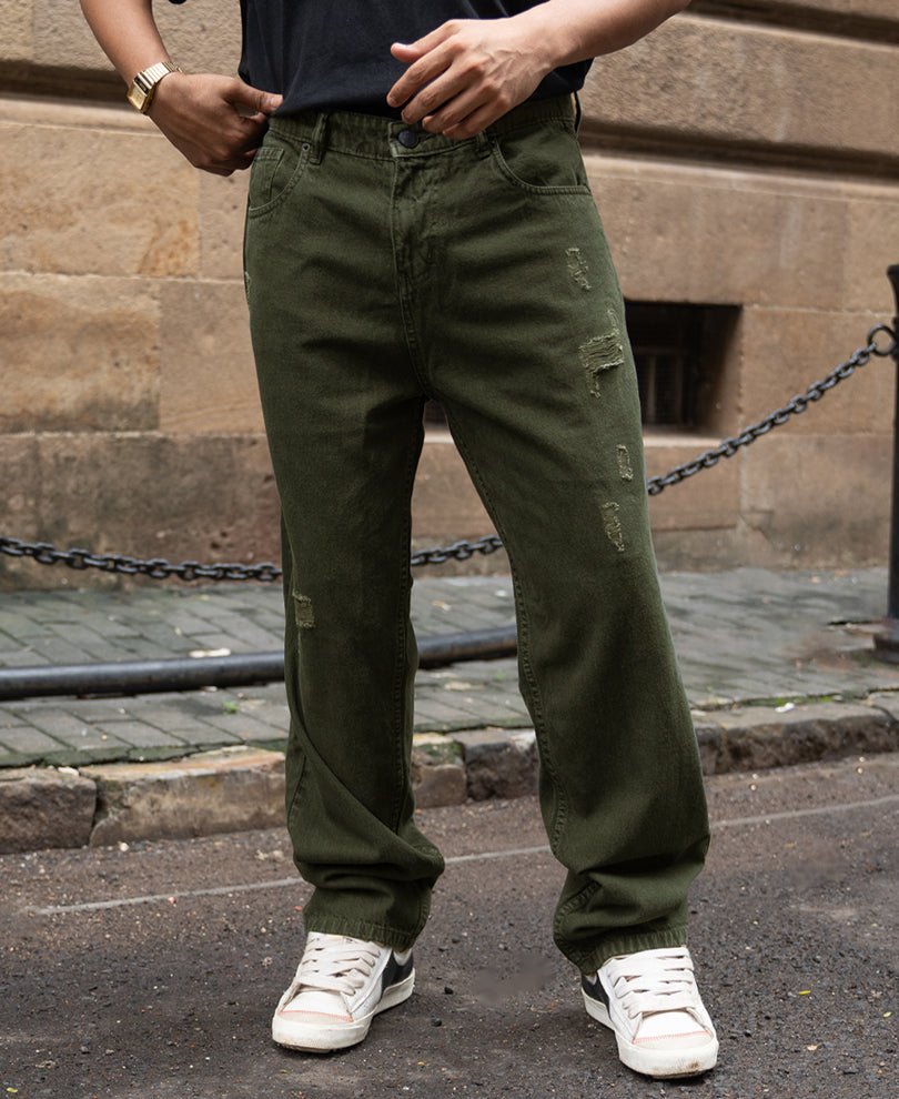Olive Distress Baggy Jeans