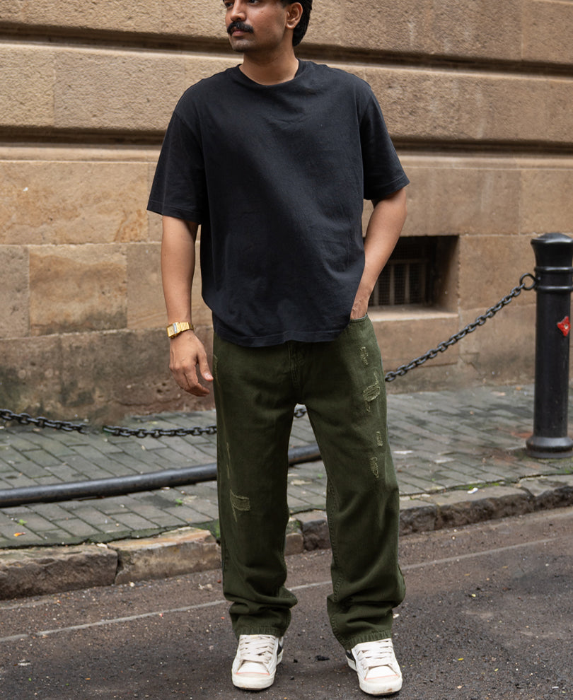 Olive Distress Baggy Jeans