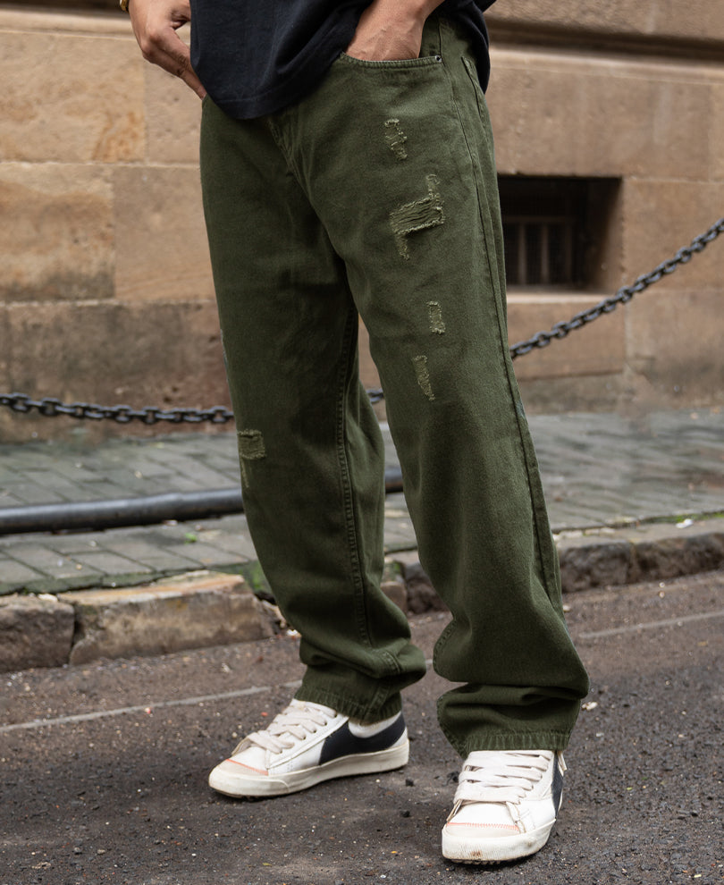 Olive Distress Baggy Jeans