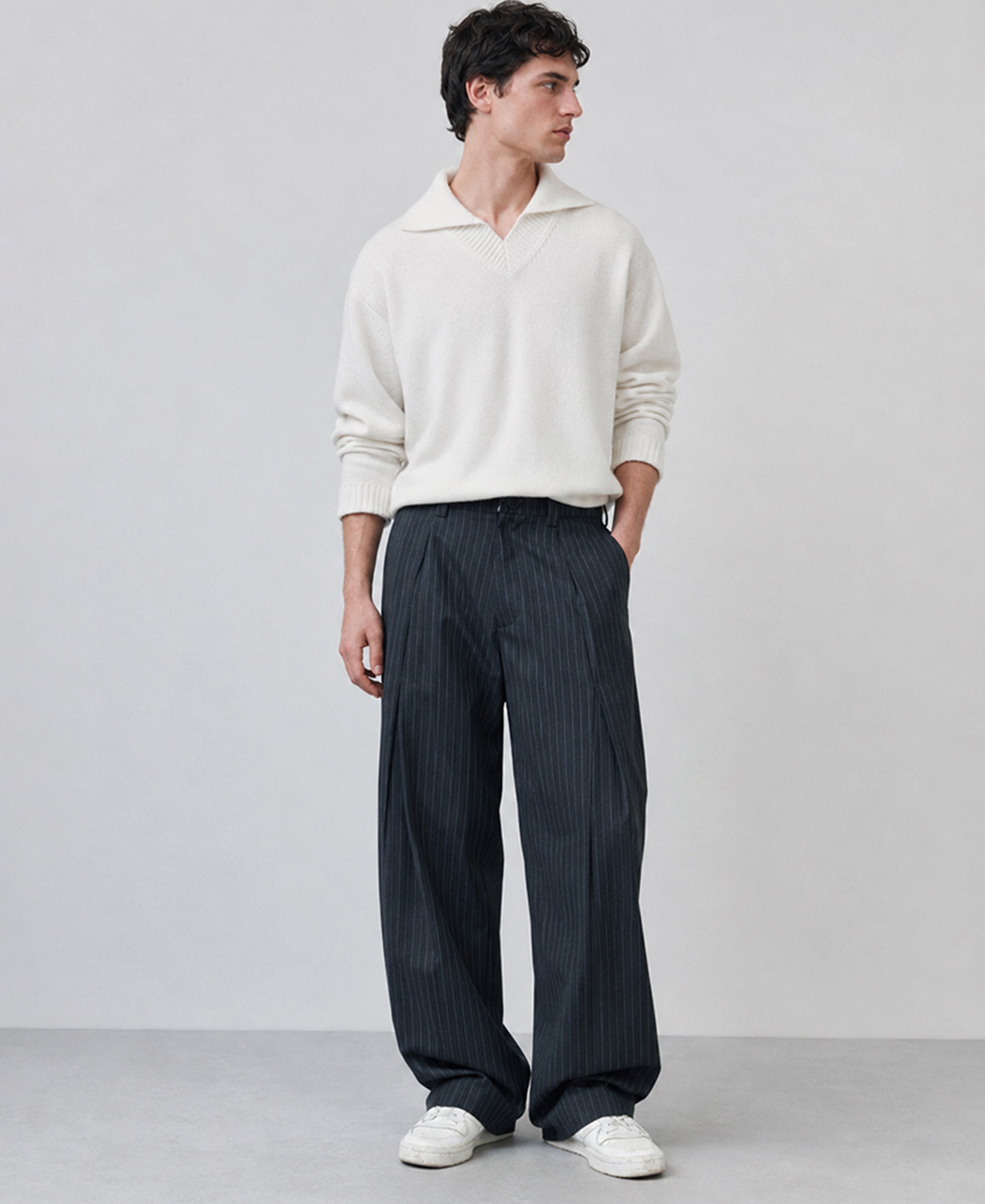 Grey Striped Pleated Korean Pants