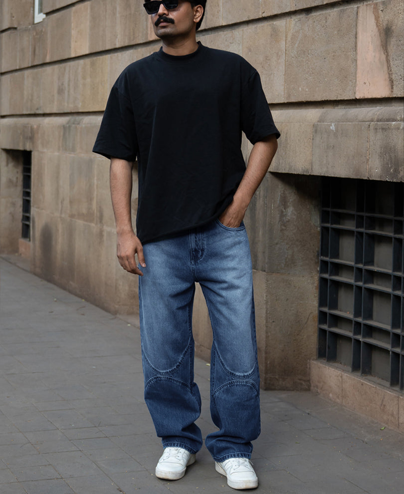 Mid Blue Washed Panel Jeans