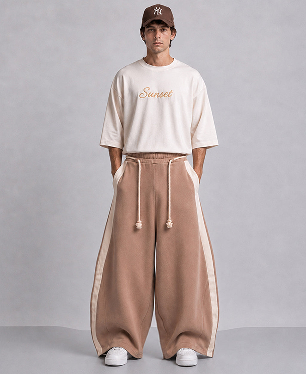Beige Panelled Barrel Fit Trackpant