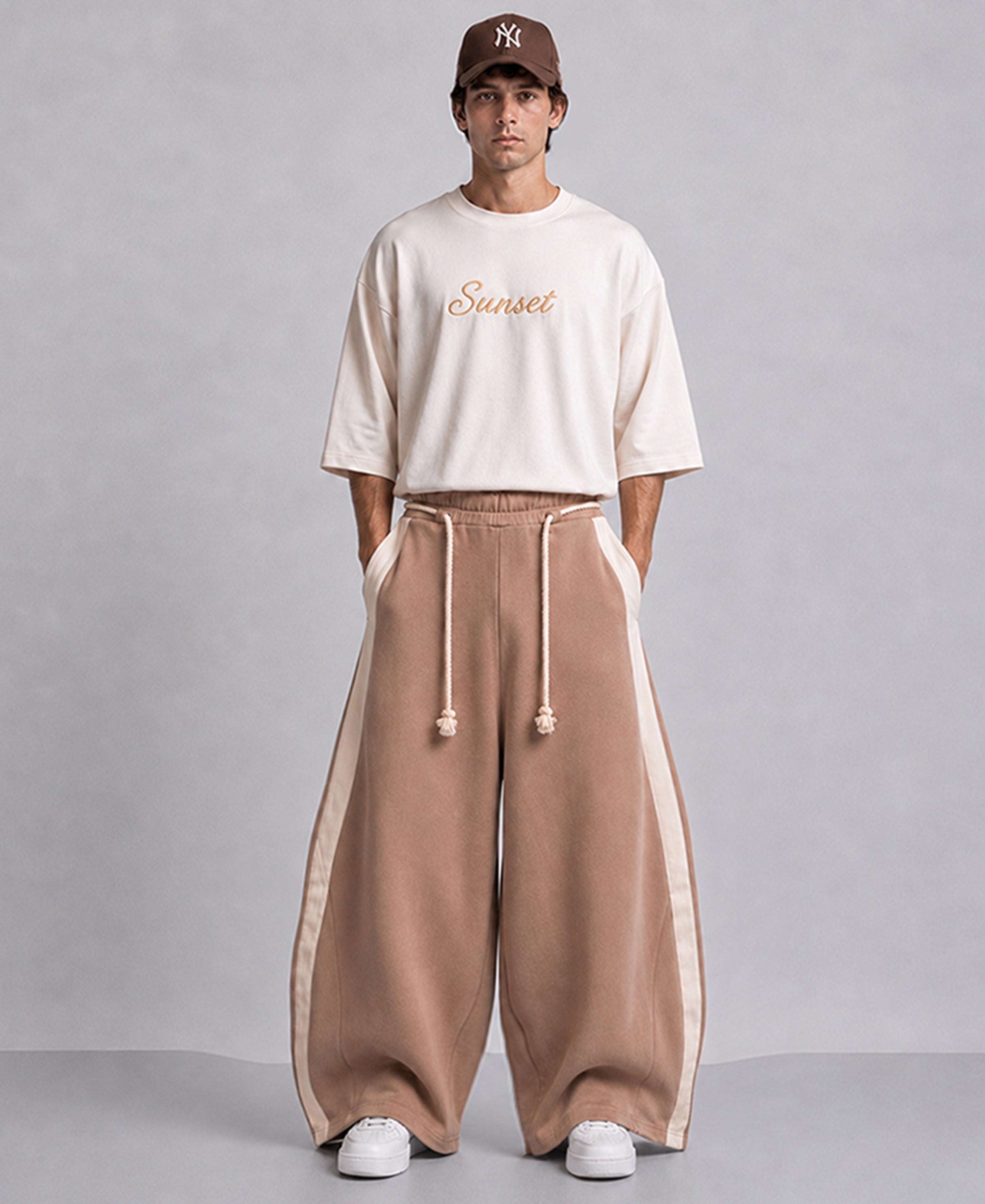 Beige Panelled Barrel Fit Trackpant