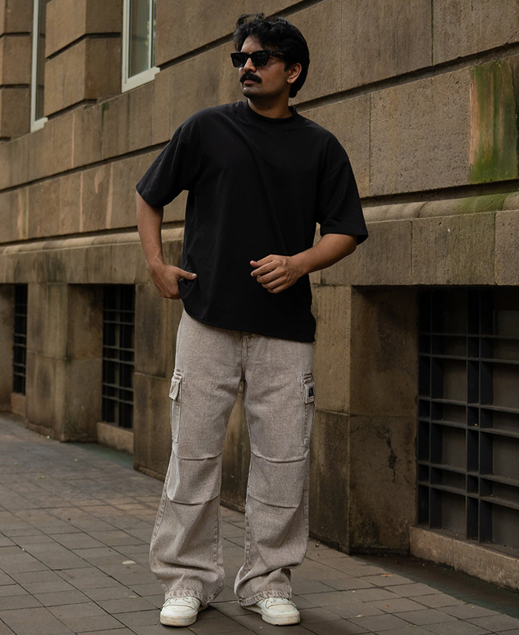Beige Washed Cargo Jeans
