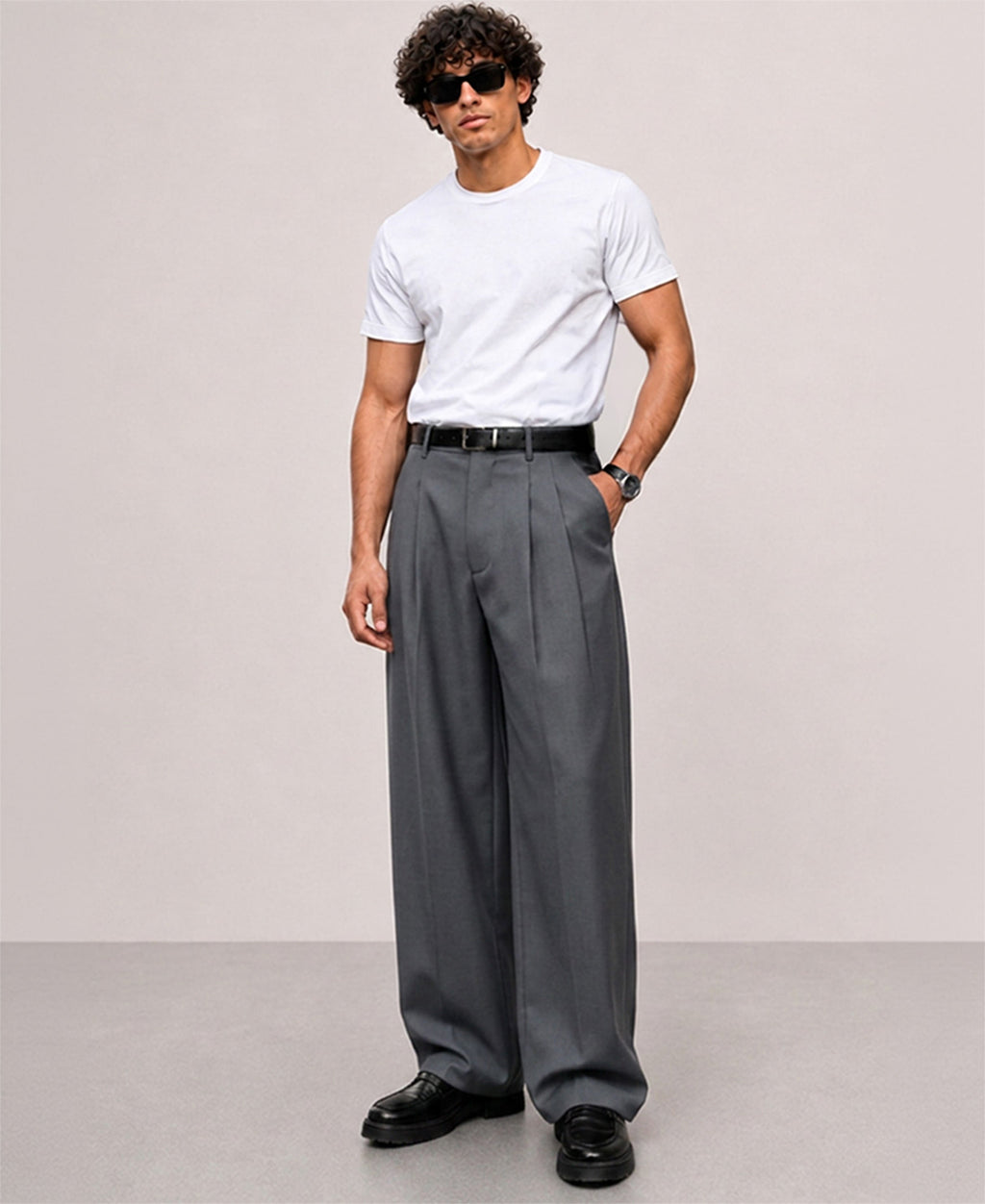 Grey Pleated Baggy Trousers