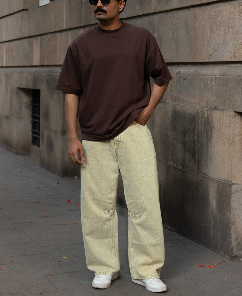 Beige Washed Barrel Fit Jeans