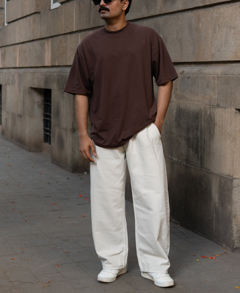 Beige Pleated Barrel Fit Jeans