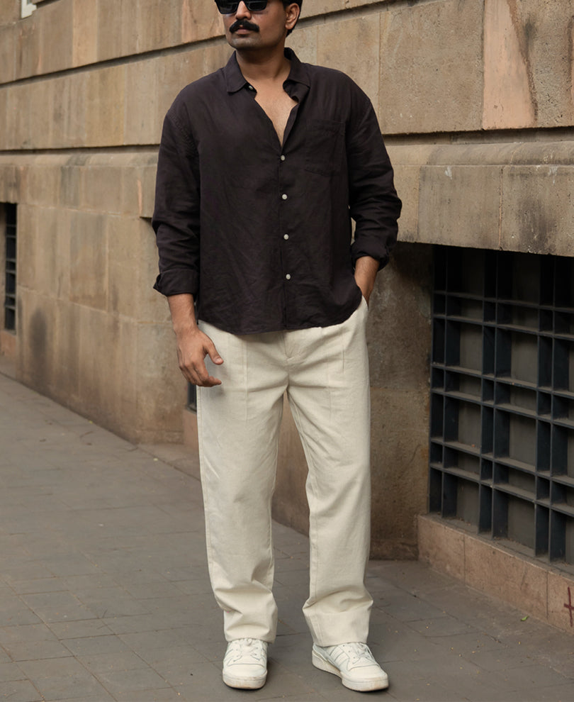 Natural Linen Blend Pleated Trousers