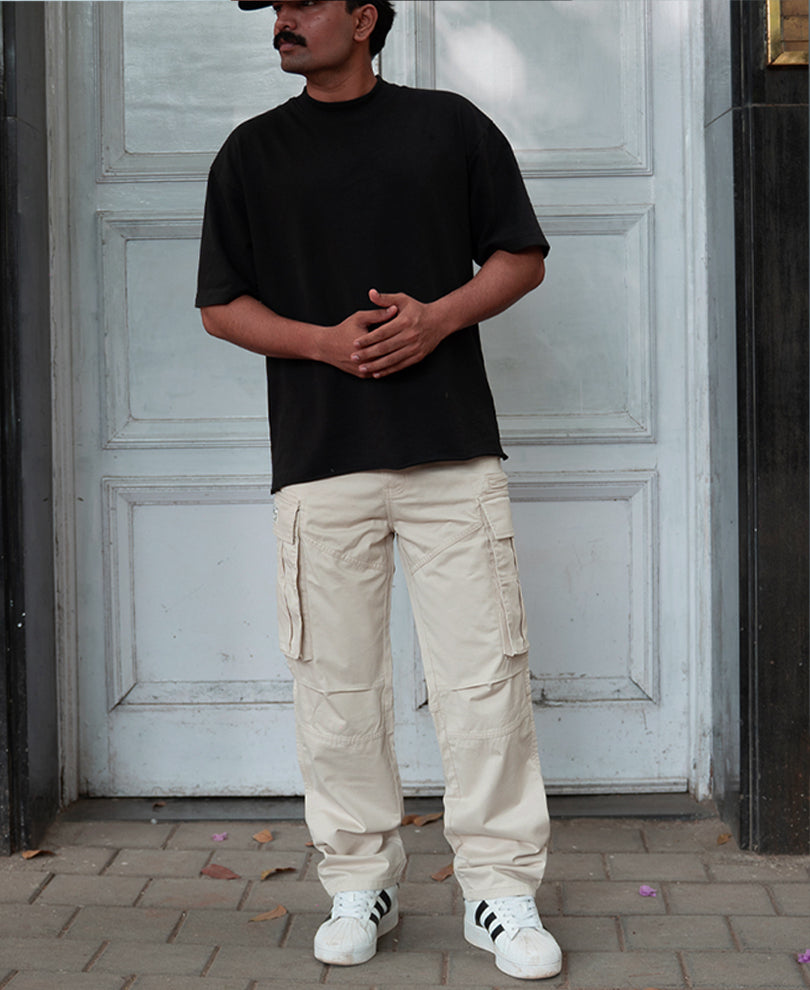 Beige Overdyed Cotton Cargo Pants