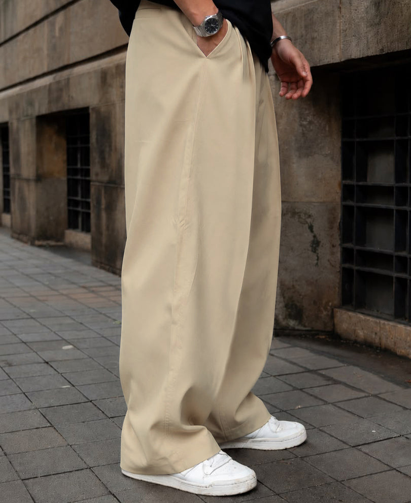 Beige Pleated Barrel Fit Trousers