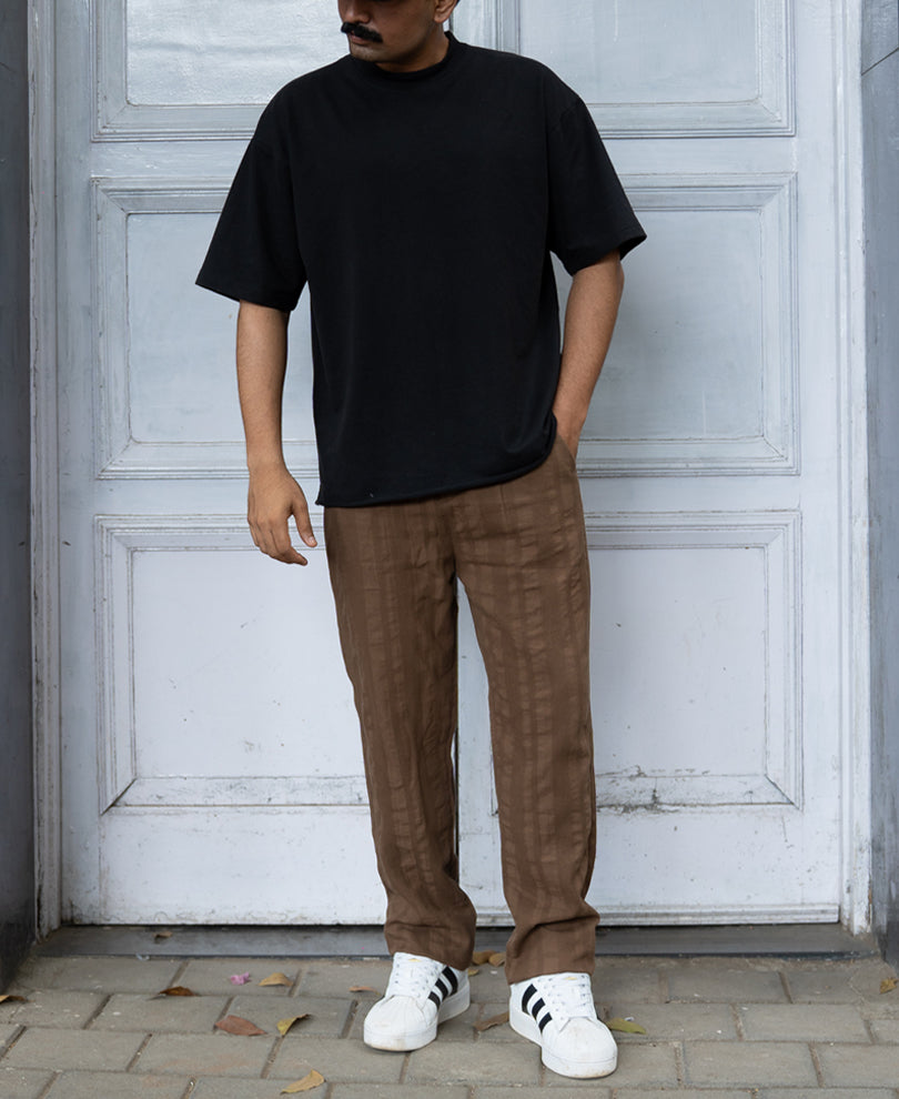 Brown Structured Pleated Cotton Trousers
