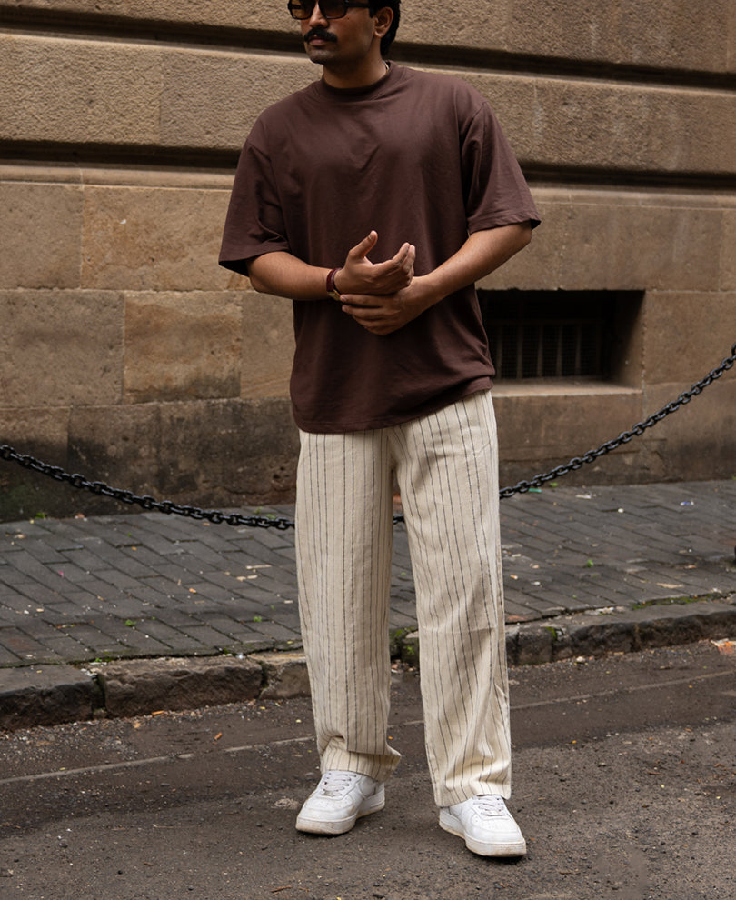 Cream Striped Linen Trouser