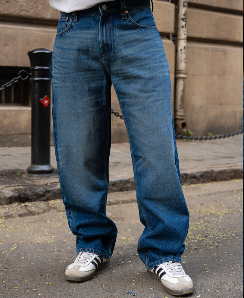 Dark Blue Washed Baggy Fit Jeans