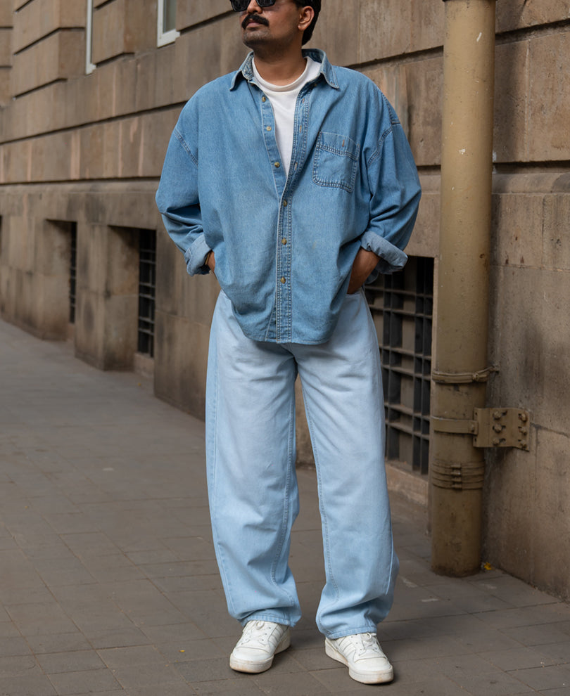Ice Blue Washed Barrel Jeans