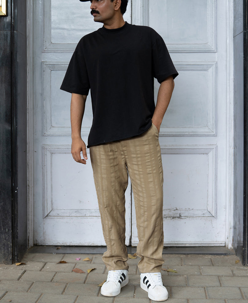 Beige Structured Pleated Cotton Trousers