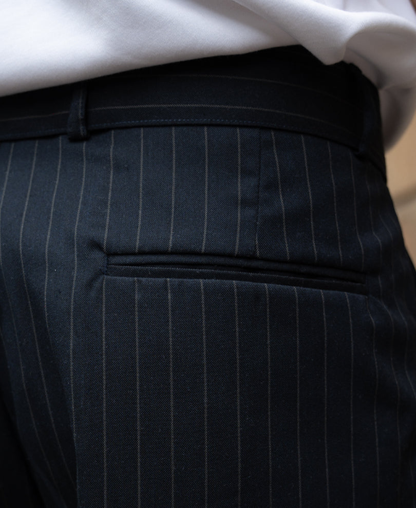 Navy Striped Pleated Trousers