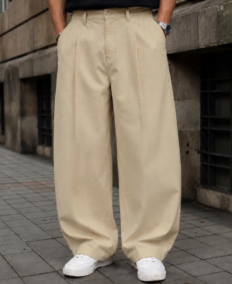 Beige Pleated Barrel Fit Trousers