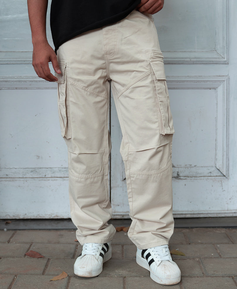 Beige Overdyed Cotton Cargo Pants