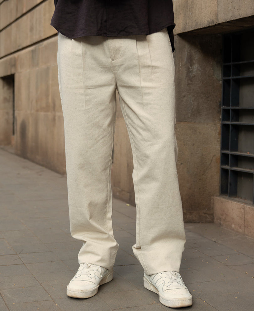 Natural Linen Blend Pleated Trousers
