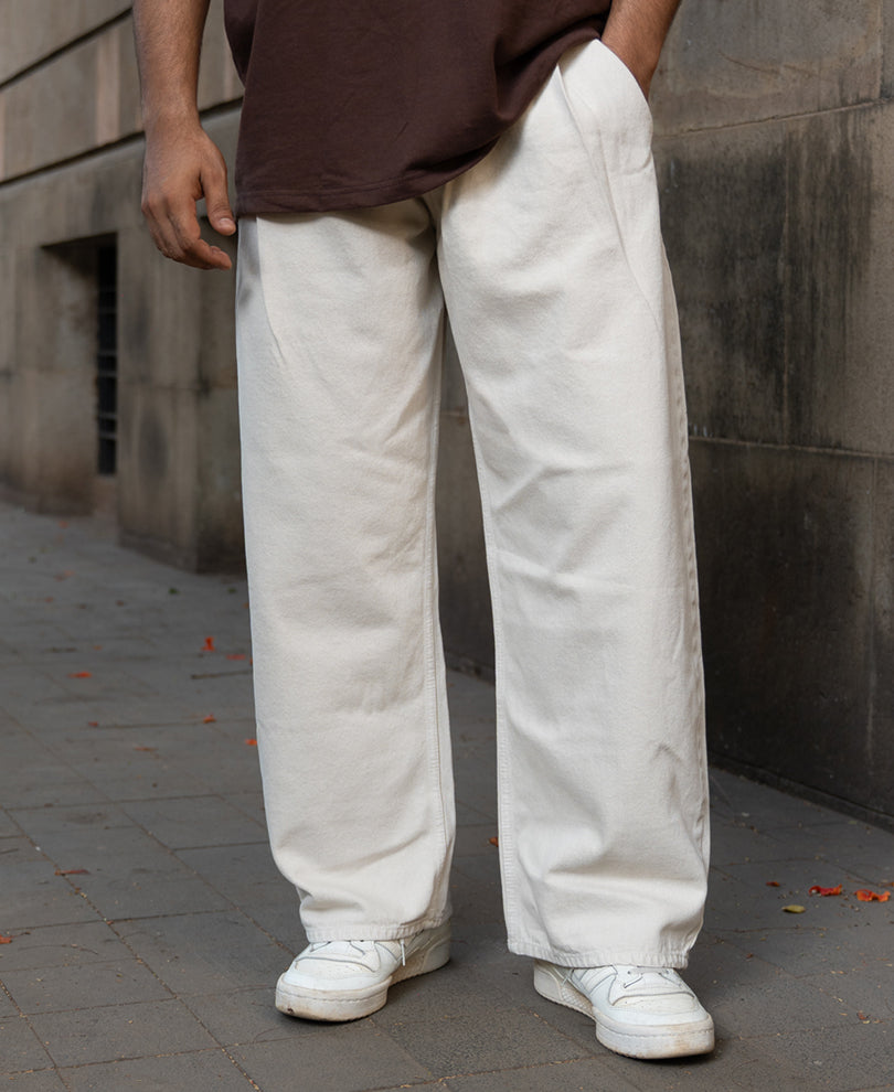 Beige Pleated Barrel Fit Jeans