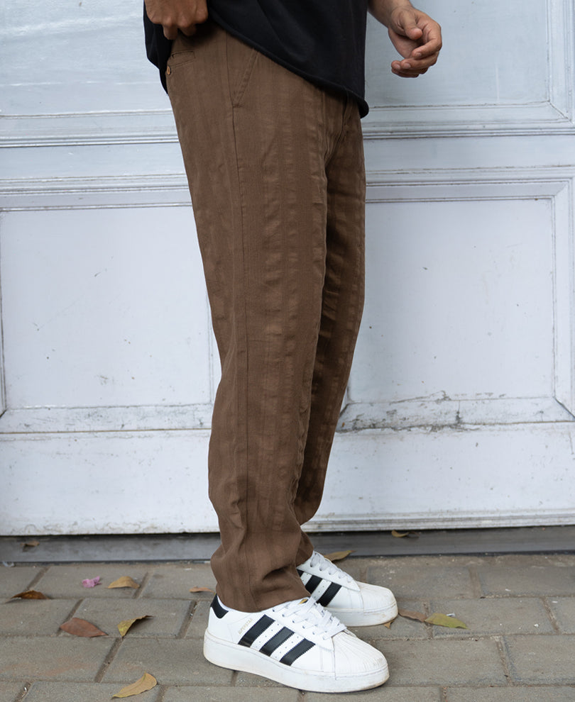 Brown Structured Pleated Cotton Trousers