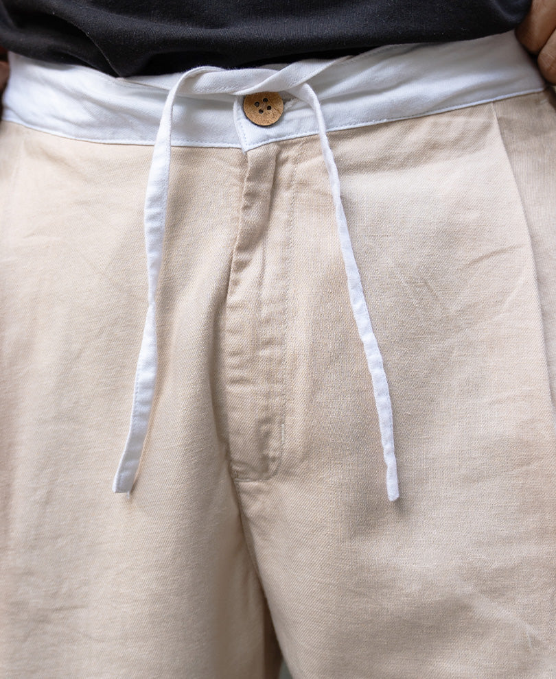 Beige Contrast Belt Linen Trouser