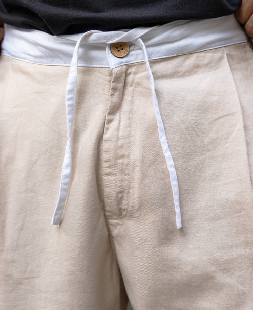 Beige Contrast Belt Linen Trouser