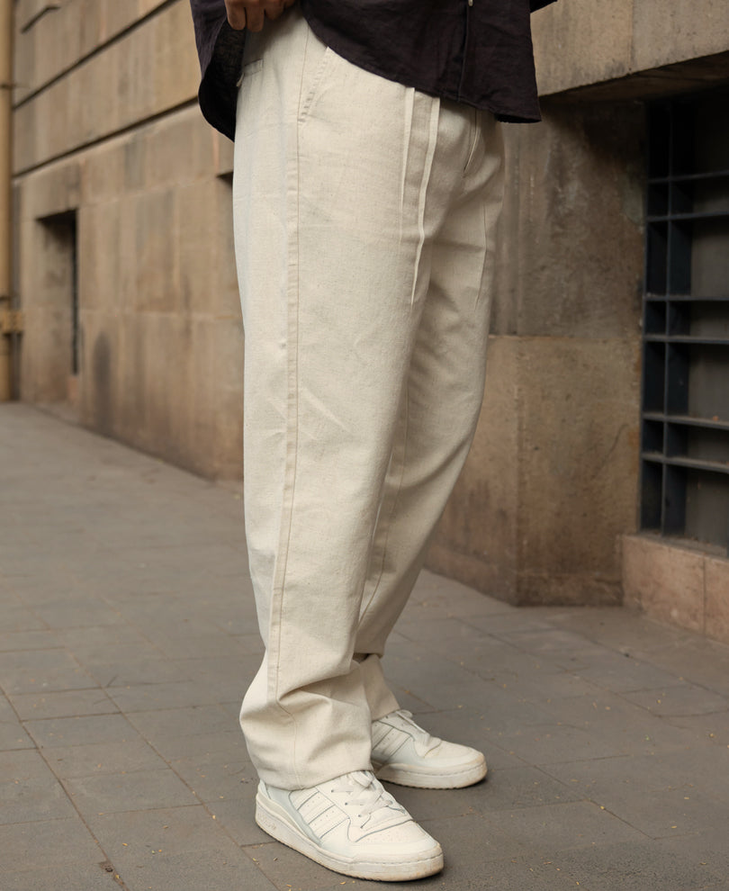 Natural Linen Blend Pleated Trousers