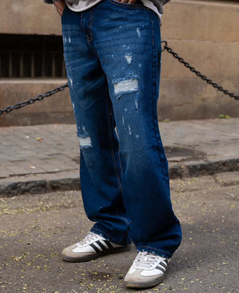 Dark Blue Distressed Baggy Fit Jeans