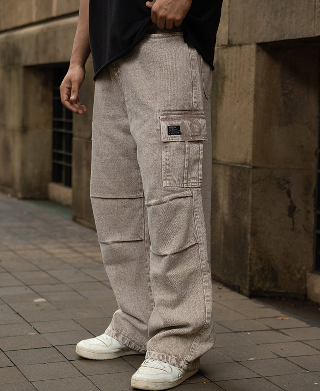 Beige Washed Cargo Jeans