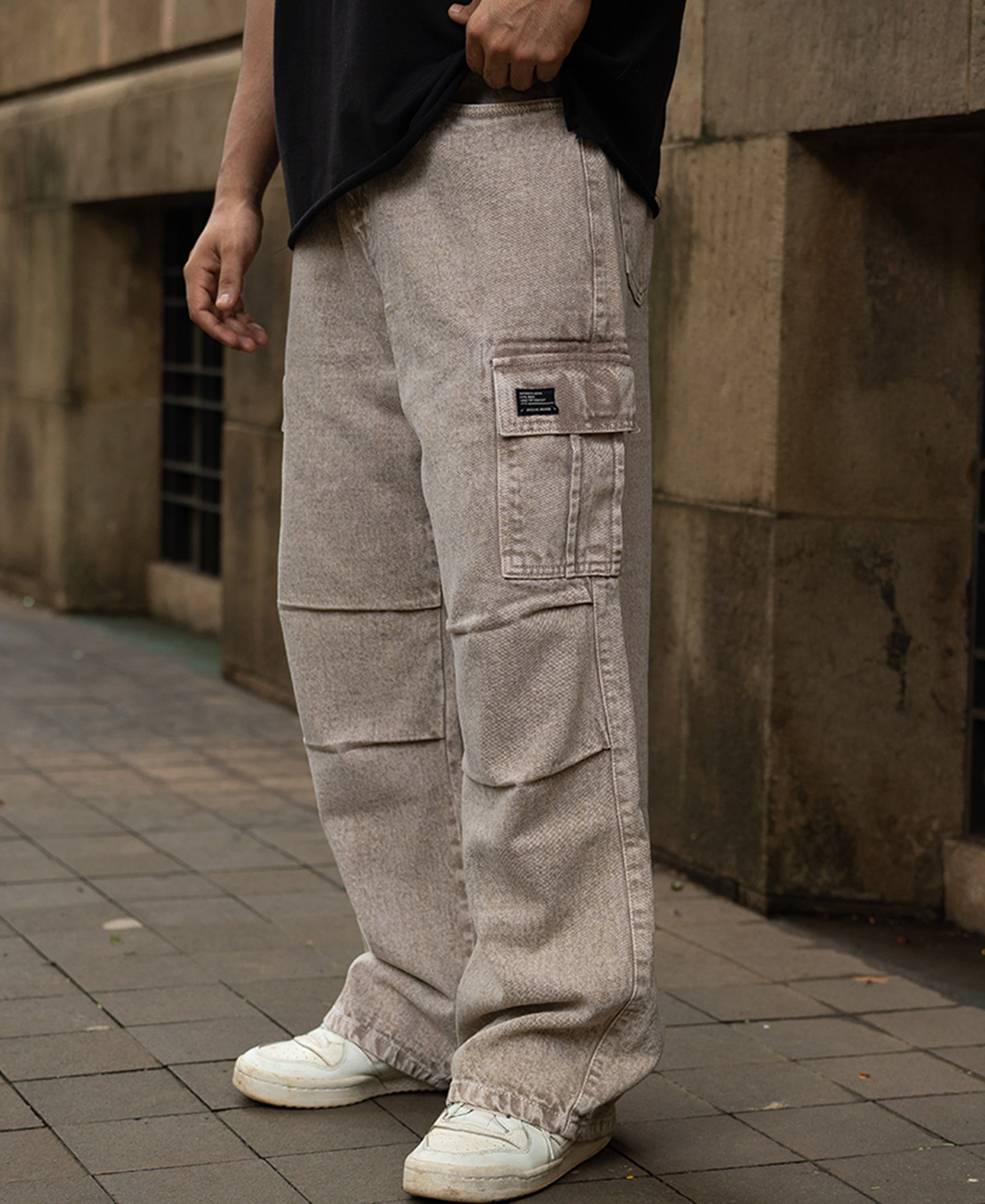 Beige Washed Cargo Jeans