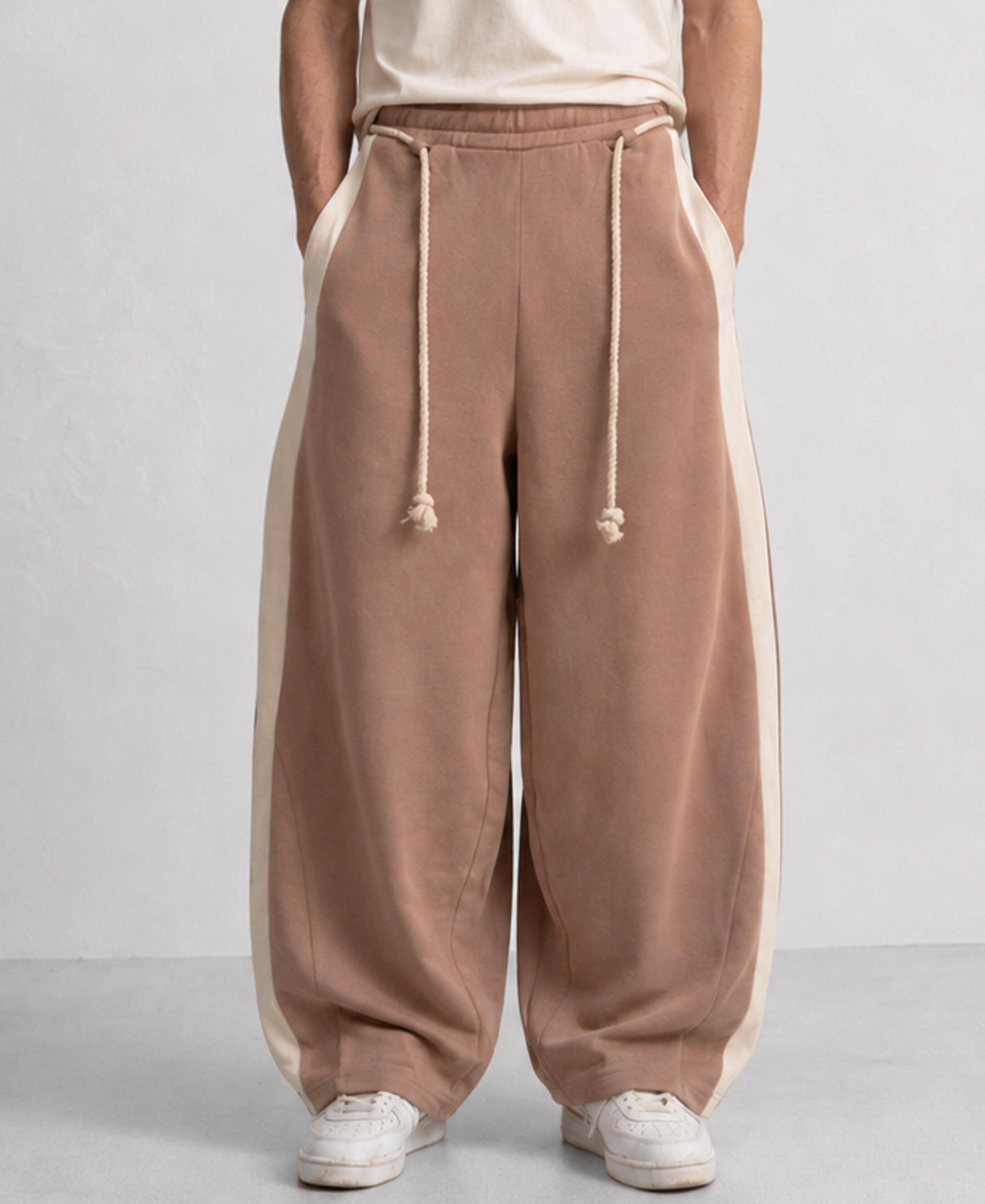 Beige Panelled Barrel Fit Trackpant