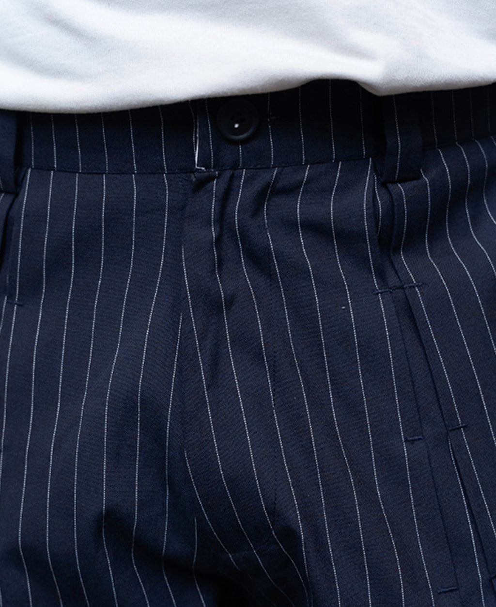 Navy Striped Pleated Trousers
