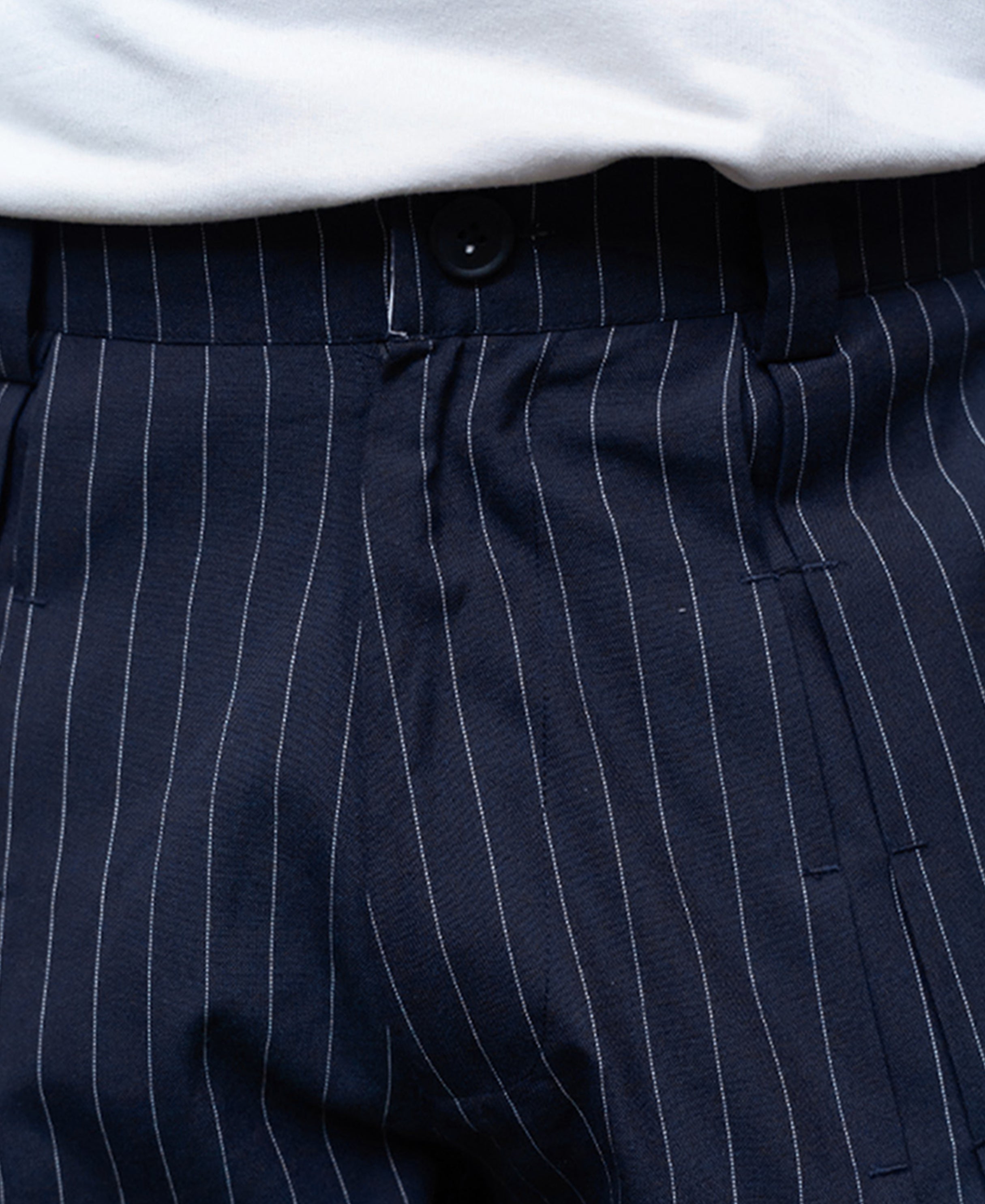 Navy Striped Pleated Trousers