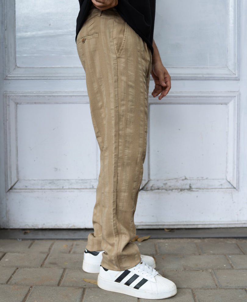 Beige Structured Pleated Cotton Trousers
