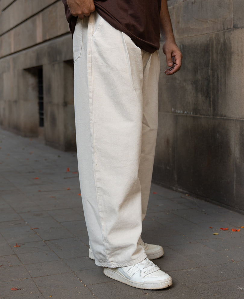 Beige Pleated Barrel Fit Jeans