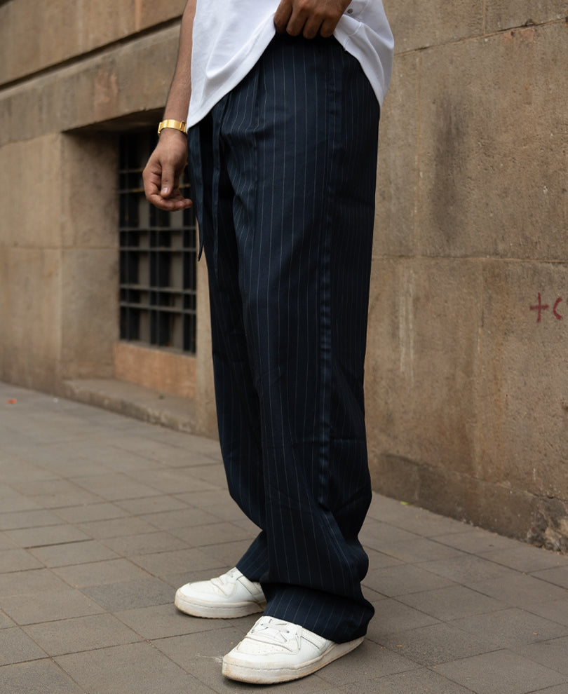 Navy Striped Pleated Trousers