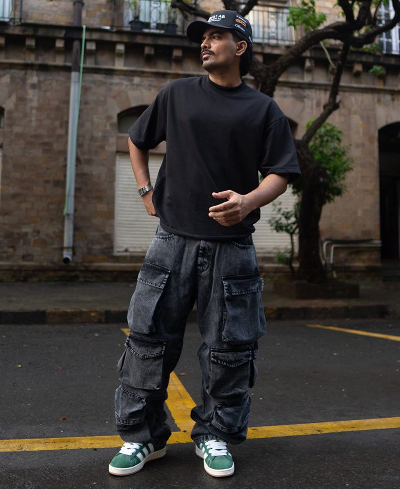 Carbon Black Baggy Fit Cargo Pockets Denim Jeans