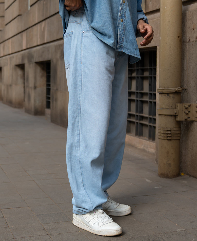 Ice Blue Washed Barrel Jeans