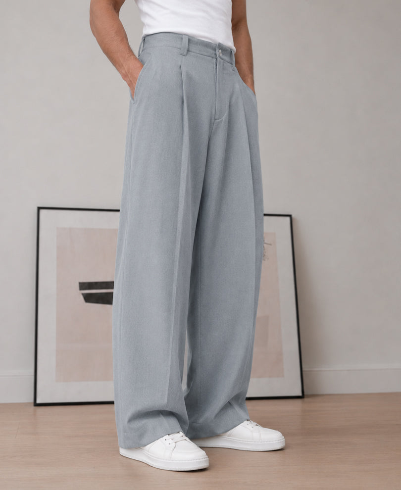 Grey Pleated Barrel Fit Trousers
