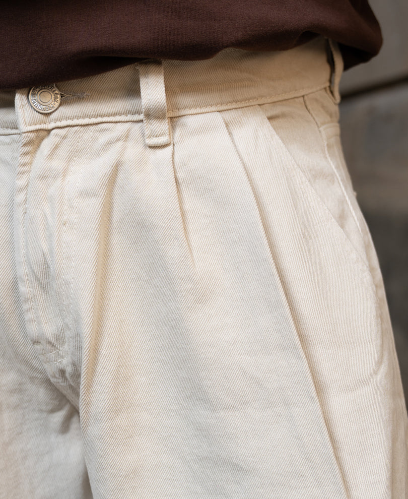 Beige Pleated Barrel Fit Jeans