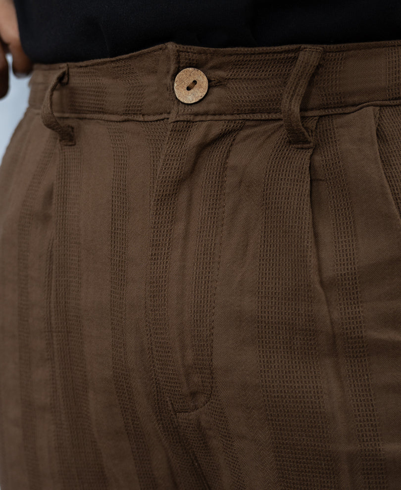 Brown Structured Pleated Cotton Trousers